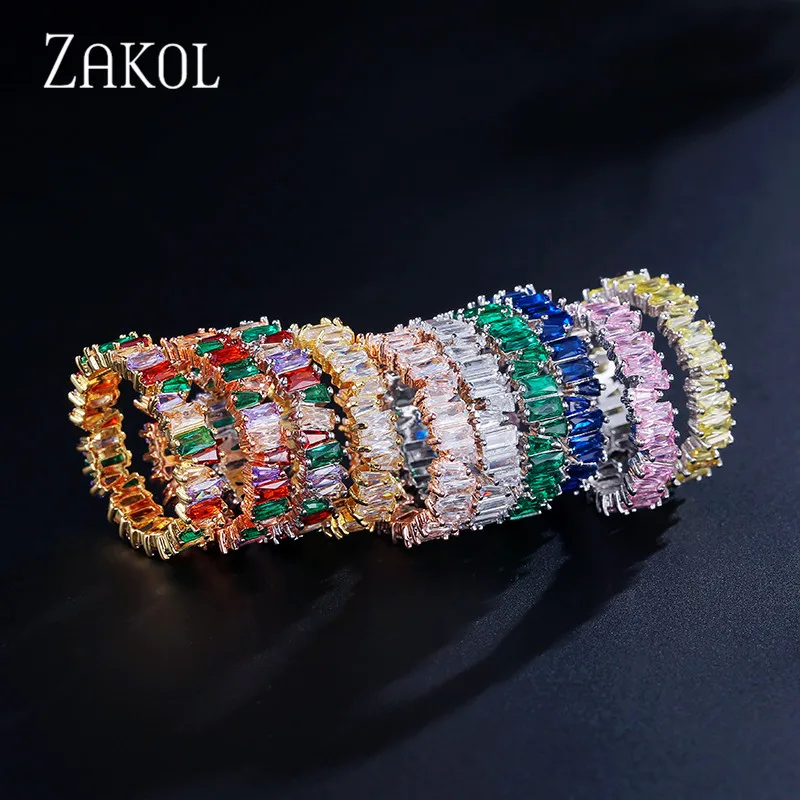 ZAKOL модная Роскошная разноцветная подвеска AAA багет Кубический Цирконий обручальные кольца для женщин Т-образный камень вечерние ювелирные изделия FSRP252