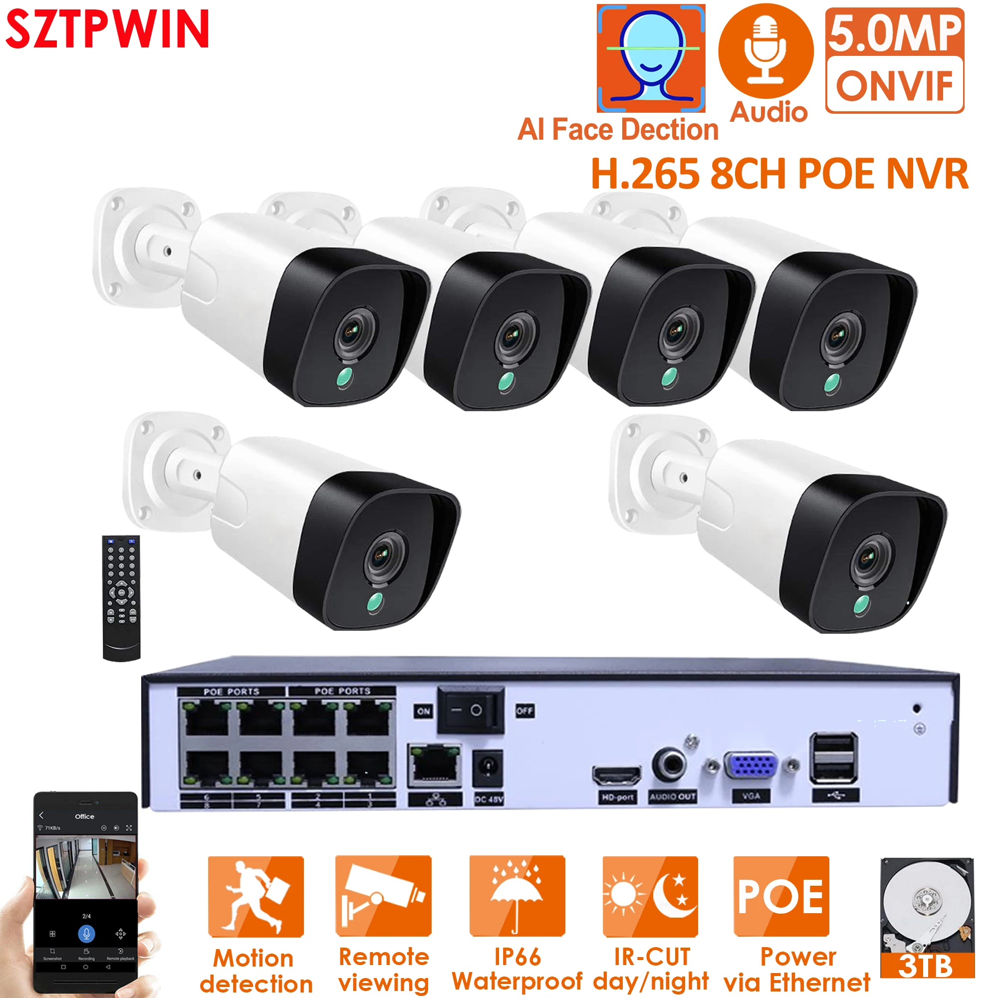 Система видеонаблюдения H.265 6 каналов 5 0 МП POE NVR P2P IR IP66|system cctv|system surveillancesystem security |