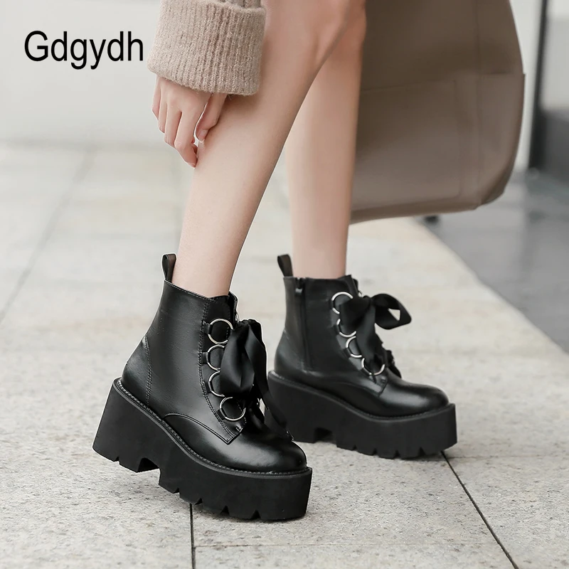 Gdgydh Autumn New Women Ankle Boots Round Toe Lace-up Platform Short Boots Female PU Soft Leather Black Boots Drop Shipping