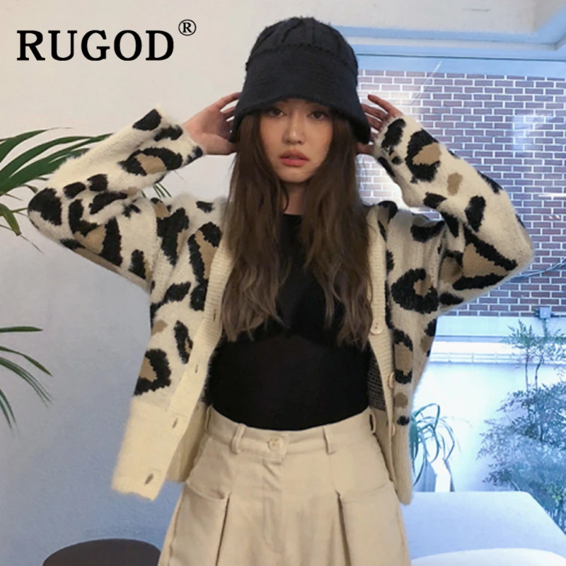 Женский кашемировый кардиган RUGOD вязаный с длинным рукавом и леопардовым принтом
