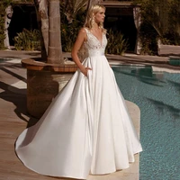 simple wedding dress white v neck floor length lace pockets sleeveless backless a line wedding party de fiesta robe de soiree