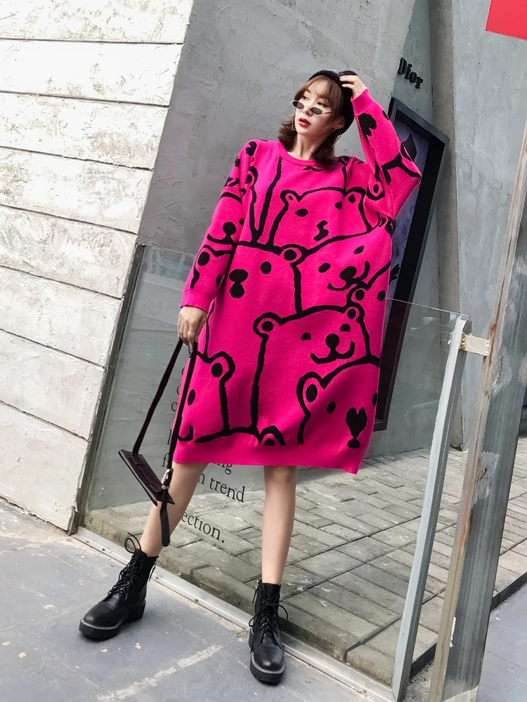 QING MO Autumn Rose Red Coffee Women Pullovers Sweater Dress 2020 Winter Warm Long Female Cartoon ZQY2158 | Женская одежда