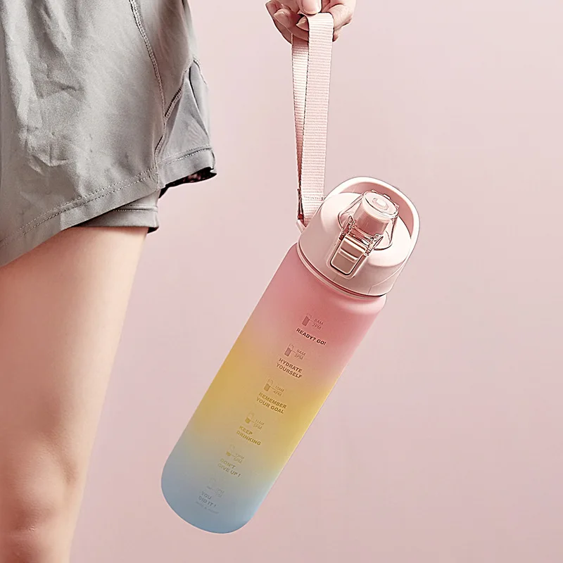 1 Liter Large Capacity Free Motivational With Time Marker Fitness Jugs Gradient Color Plastic Cups Outdoor Frosted Water Bottle | Дом и сад