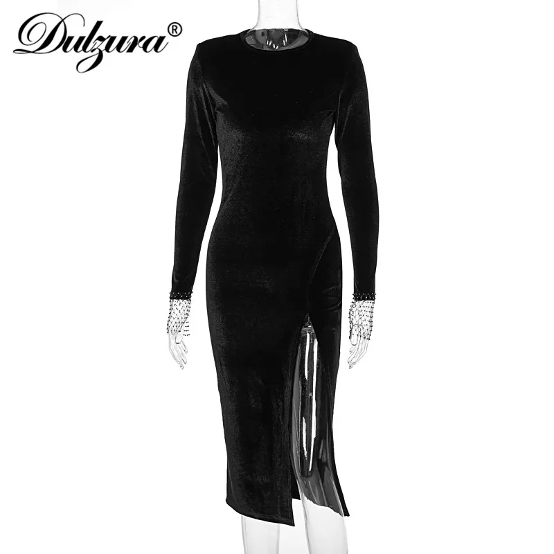 Dulzura 2021 Осень Зима Женское однотонное бархатное ажурное лоскутное платье с
