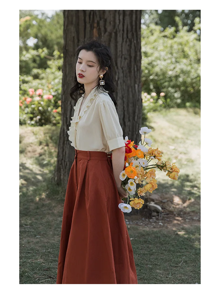 

Elegant Outfit 2021 Summer New French Girly Style Yellow Pleated Short Sleeve Shirt Top+High Waist Retro Slim Large Swing Skirt