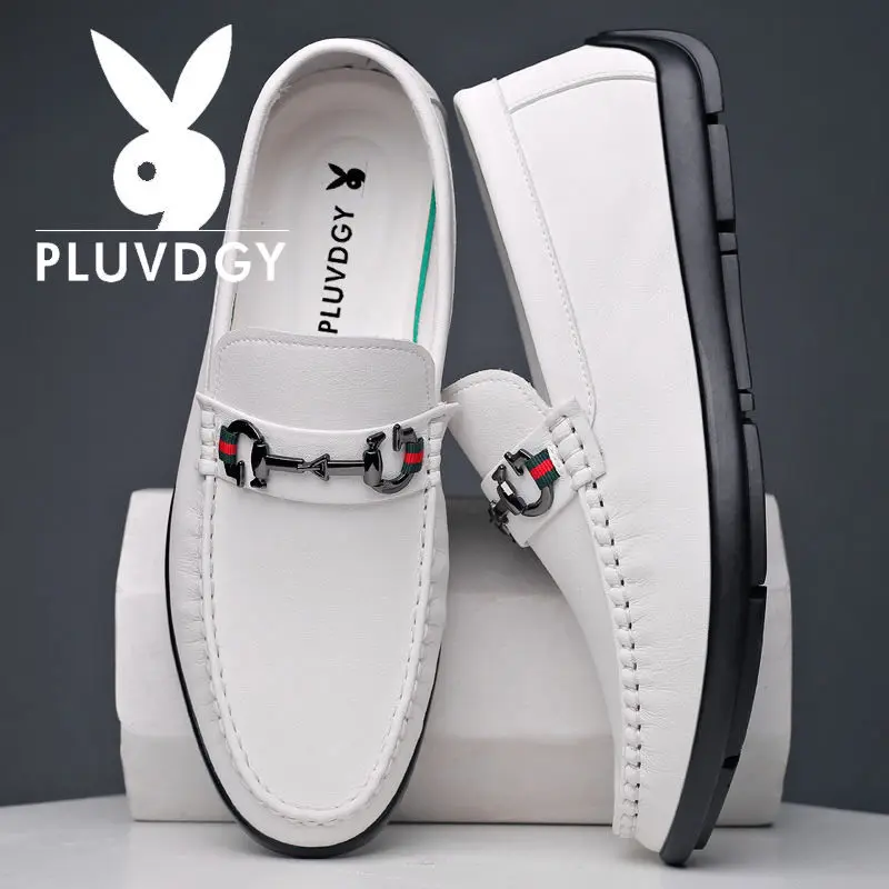 

Genuine Leather Fashion Soft Bottom Casual White Shoes Breathable One Pedal Lazy Shoes Men's Driving Shoes