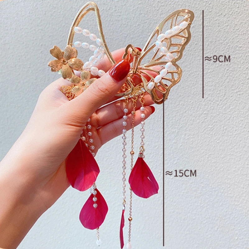 

Fashion Tassel Metal Hair Claw For Women Gold Color Butterfly Hair Clip Girls Imitation Pearls Feather Hairpin Hair Accessories