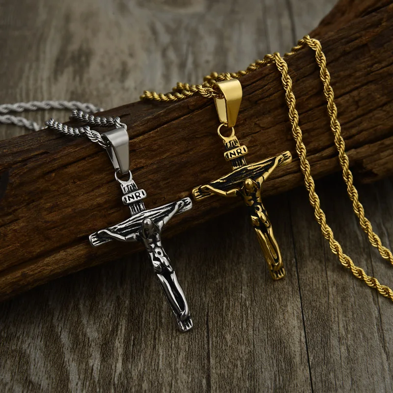 Нержавеющая сталь золото Цвет INRI Jesus частей крест кулон& Цепочки и ожерелья посеребрянное ожерелье для Для мужчин подарок Винтаж ювелирные украшения с христианской символикой