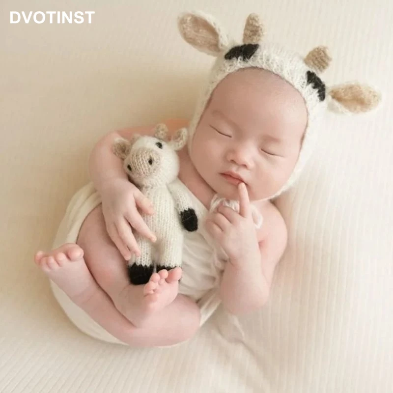Dvotinst Newborn Baby Photography Props Knitted Crochet Cute Cow Ox Doll Hat Bonnet Wrap Studio Shoots Accessories Photo Props