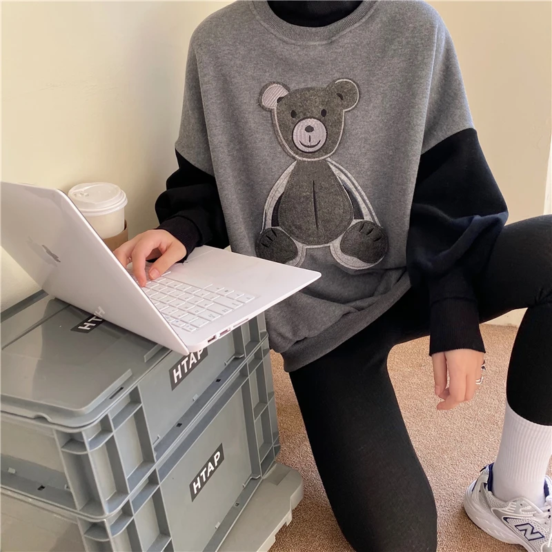 

Autumn/Winter Fake Two-Piece Bear Plus Velvet Thick Warm All-Match High Neck Pullover Sweatshirt