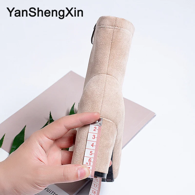 YANSHENGXIN/обувь женские ботинки однотонные замшевые сапоги до середины икры на молнии Женская обувь на высоком каблуке осенне-зимние сапоги женские ботинки