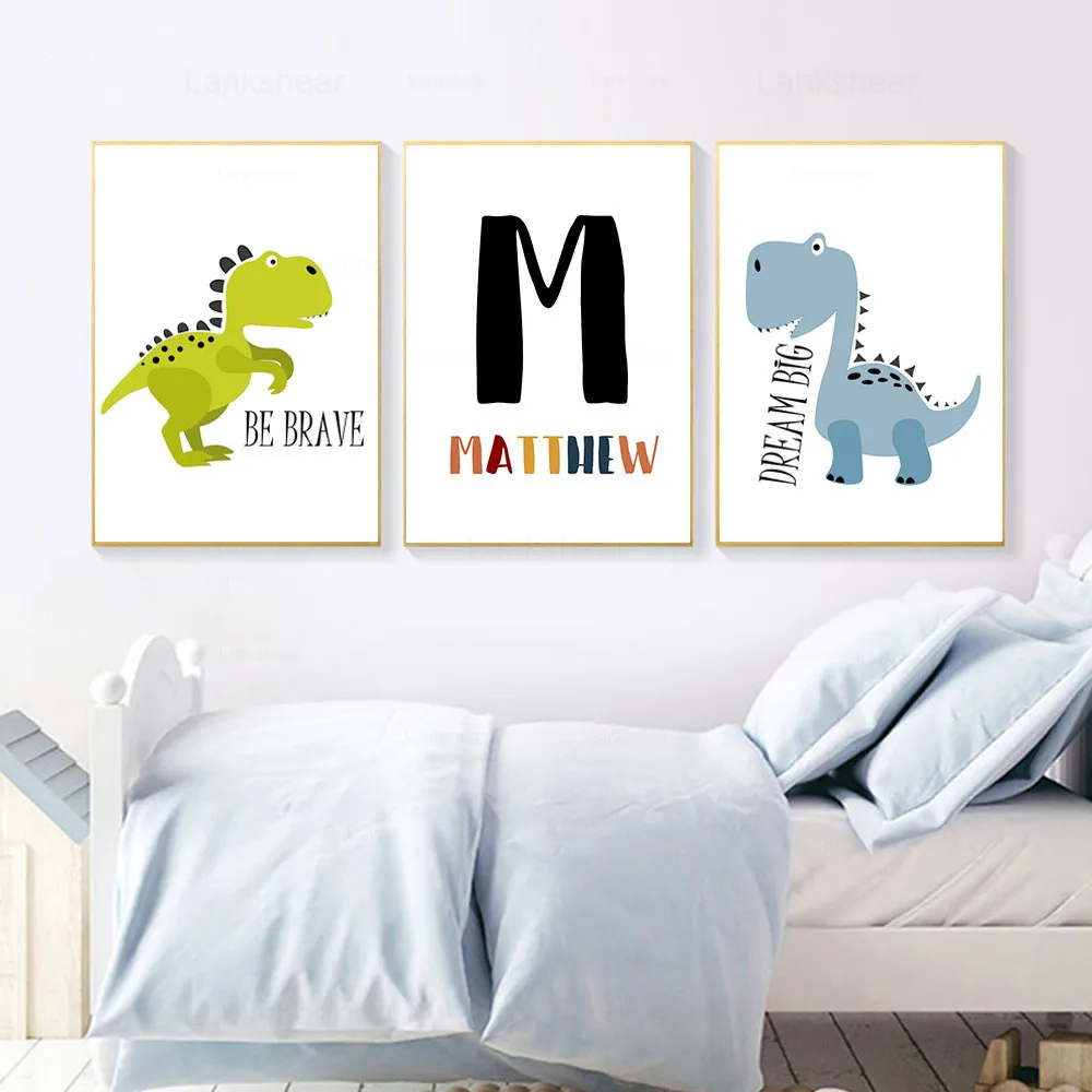 Динозавр животных печати пользовательское имя Wall Art Холст плакат для детской