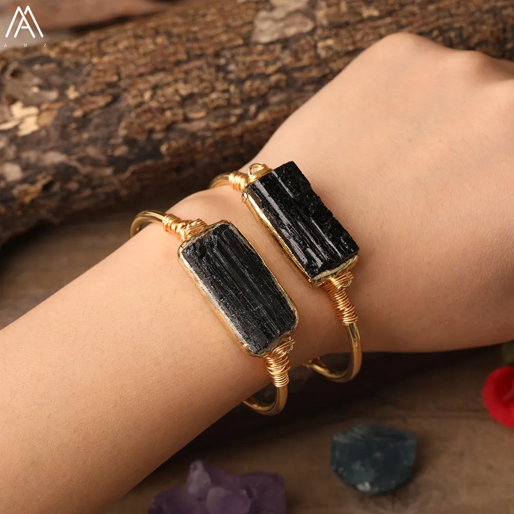 

Delicate Gold Bracelets Boho Jewelry Natural Black Turmaline Slab Beads Open Cuff Bangles Bracelets For Femme Women Jewelry Gift