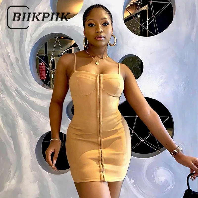 

BIIKPIIK Skinny Casual Mini Dress For Women Streetwear Zipper-up Spaghetti Strap Body-shaping Sleevelss Sexy Party Female Outfit