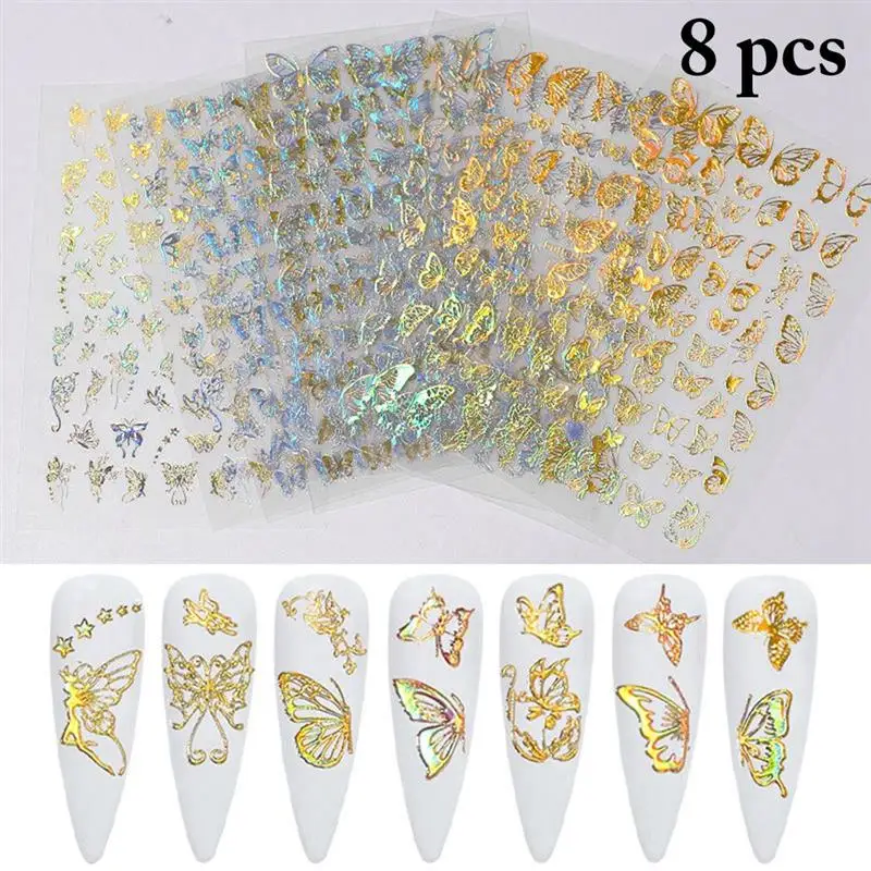 

8 Sheets Kapmore 3D Butterfly Nail Sticker Creative Adhesive Nail Decal Manicure Sticker DIY Golden Nail Transfer Decals