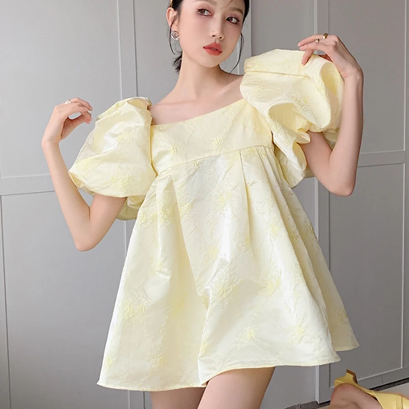 

LANMREM Casual Prom Female Clothing Kawaii New Sweet Bubble Sleeve A-line High Waist Summer Women's Dress 2021 2P1736