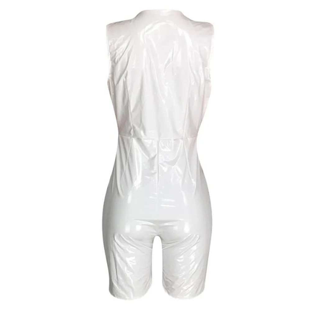 Women Jumpsuit Romper Bodycon Playsuit Shiny Wetlook PU Faux Leather Playsuits Shorts Party Clubwear Sexy Hollow Out Jumpsuit