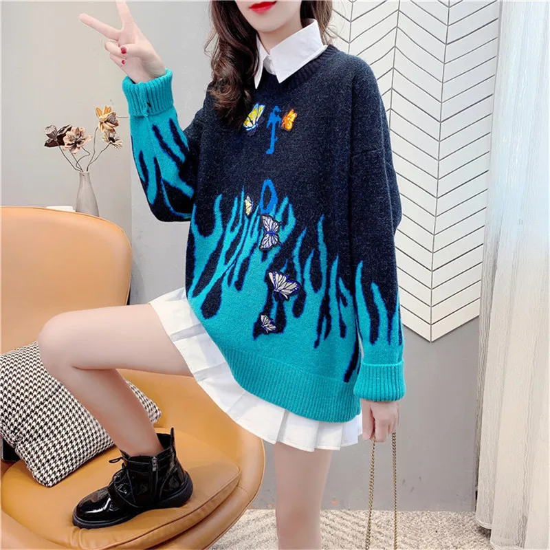 

2020 Autumn And Winter New Flame Butterfly Embroidery Sweater Women Loose Fashion Pullover Thick Sweet Sweater Outer Wear C385