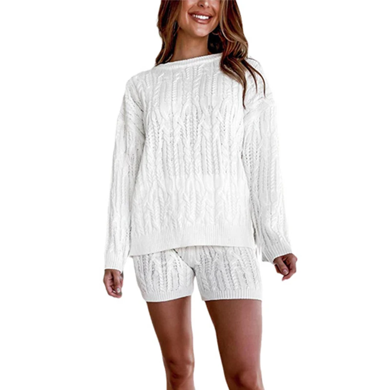 

Women's Solid Long Sleeve Top Shorts Sweaters Suit 2021 Autumn O-neck Knitted Striped Twisted Sets Female Casual Homewear Set