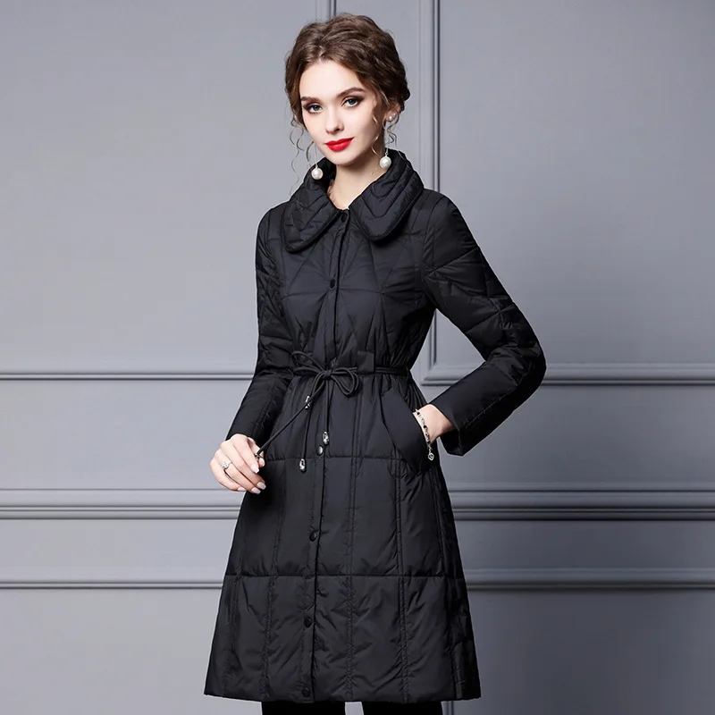 2021 Winter Duck Down Coat Women Black Turn-down Collar Short Light Outerwear Female Fashion Slim Middle Length Winterwear