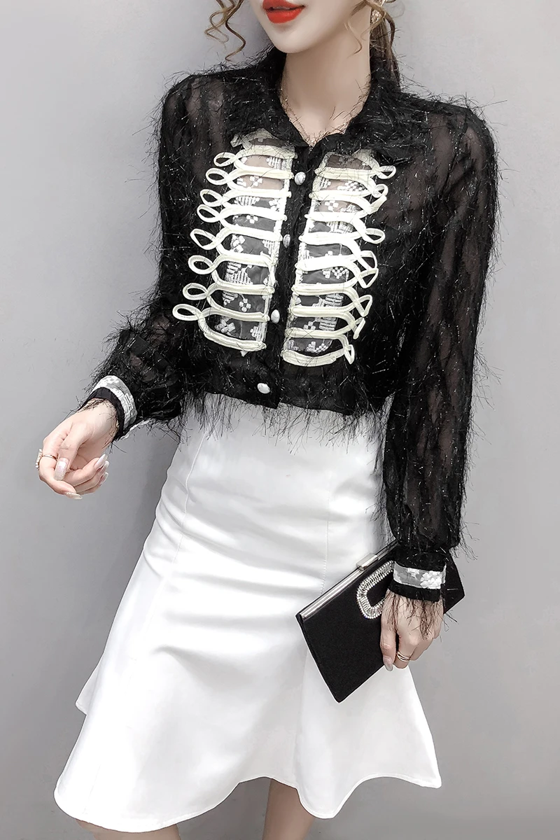 

COIGARSAM Sexy Chiffon Shirt Womens tops New Spring Patchwork Loose Tassel Women shirts White Black Apricot 6935