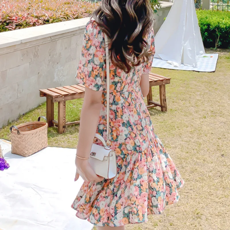 

Summer 2021 Sweet Short Sleeve Print Drawstring Ruffles Chiffon Dress French Elegant Vintage V Neck Mini Dresses Vestidos Mujer