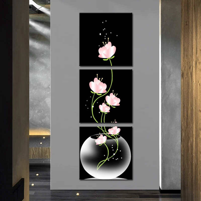 

3 pieces Modular wall painting Vase with Pink Flowers Canvas painting poster Porch Corridor Vertical Version Home Decoration