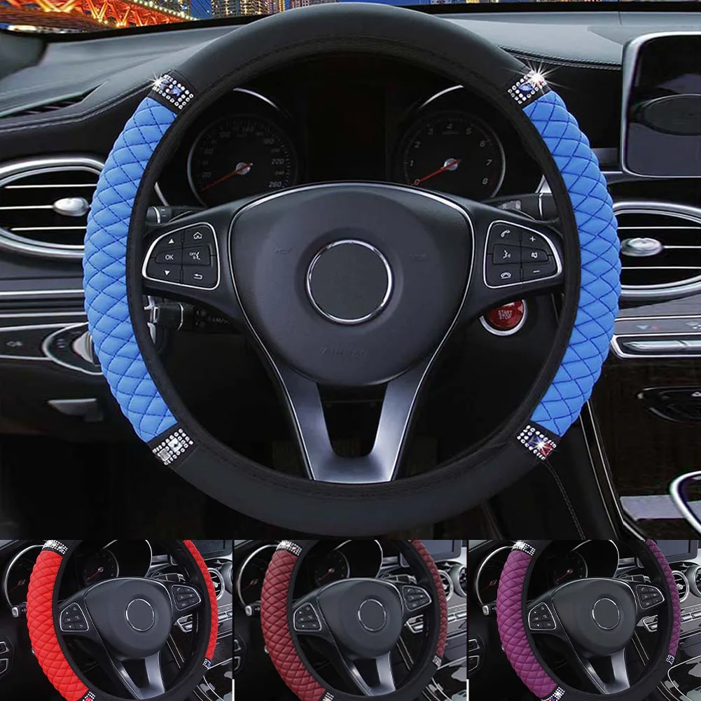 

14.5" 15" Universal Steering Wheel Cover Faux Leather with Rhinestones Embroidery Color Elastic Car Styling Interior Accessories