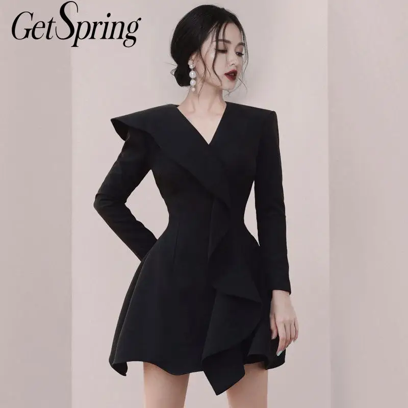 

Getspring Women Dress Ruffles V-neck Long Sleeve Black Sexy Dresses Women Plus Size Irregular Vintage Short Dress 2020 Spring