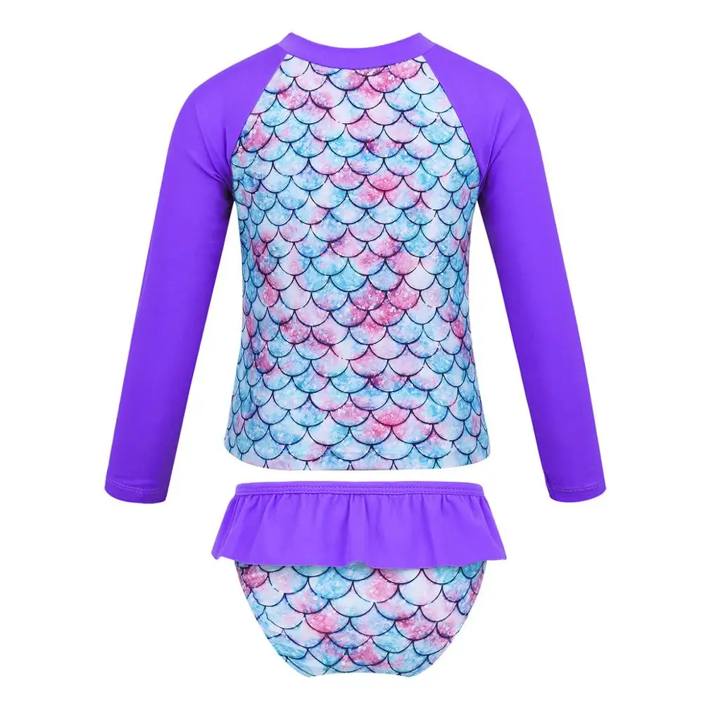 UPF 50+ Children's Swimwear Girls Tankini Swimsuit Long Sleeves Fish Scales Printed Rashguard Tops with Bottoms Kids Swimsuits