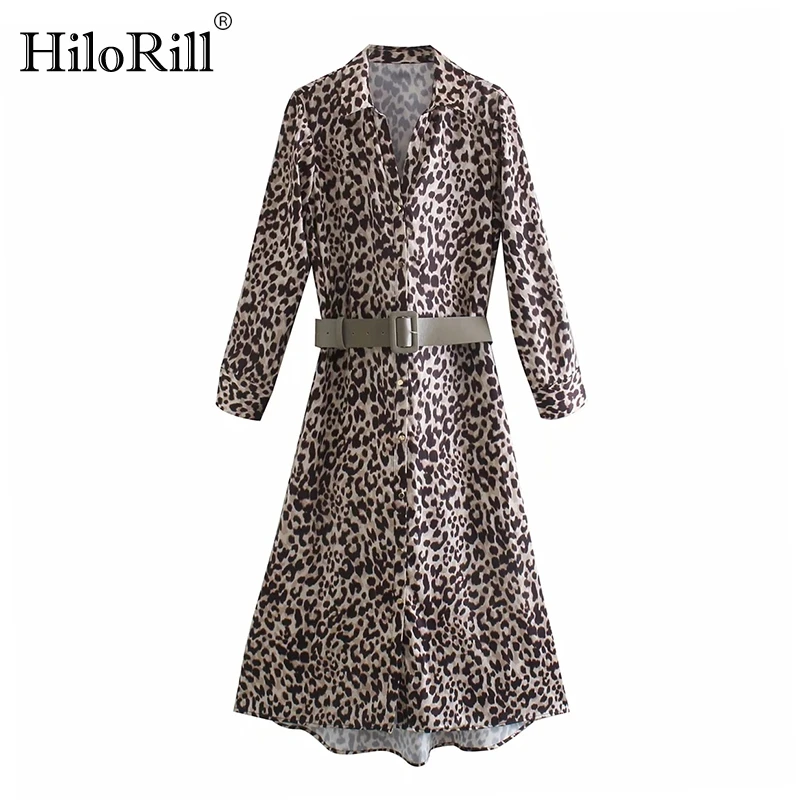 

HiloRill Fashion Leopard Print Shirt Dress Women A Line Long Sleeve Sashes Dress Turn Down Collar Office Ladies Dresses Vestidos
