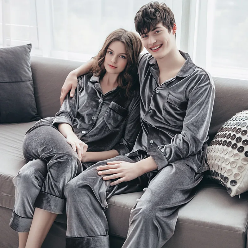

Velour Women&Men Sleewpear Pijamas Suit Autumn Couple Pajamas Set Soft Long Sleeve 2PCS Shirt&Pant Solid Color Trouser Suits