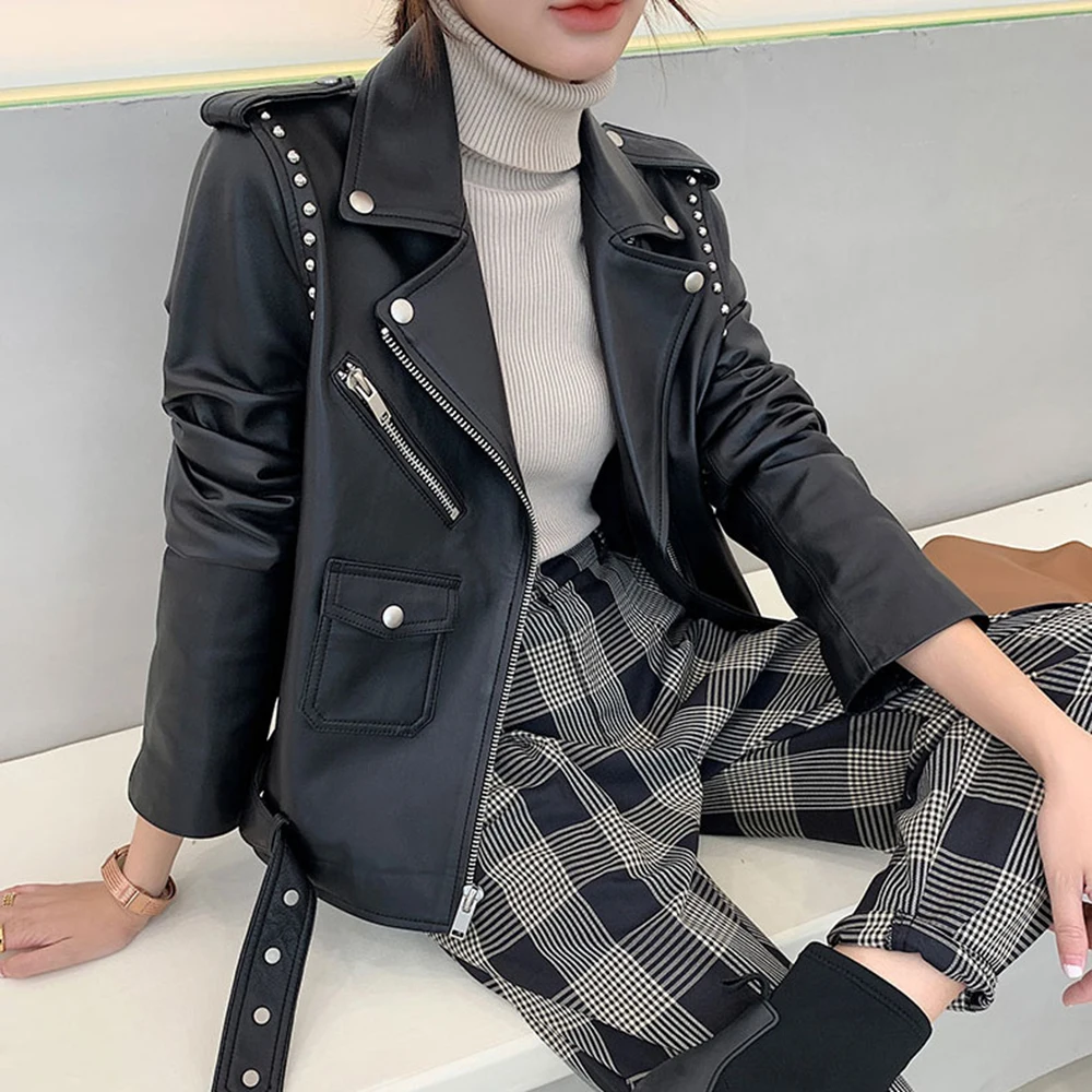 JAZZEVAR 2023 New High Fashion Street Women Real Sheep Skin Leather Jacket Black Rivet Genuine Leather short Motorcycle Jackets