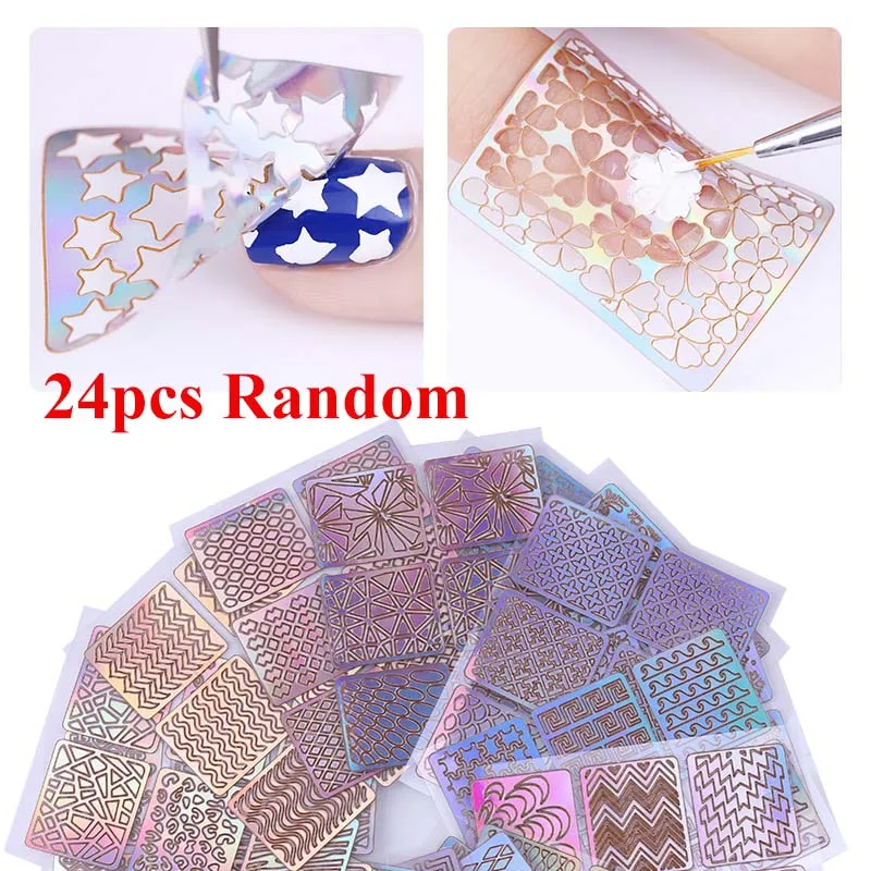 

24 PCS Hollow Nail Art Sticker Foils Set Stylish Self-adhesive iridescent Manicures Sticker DIY Decoration Nail Art Accessory