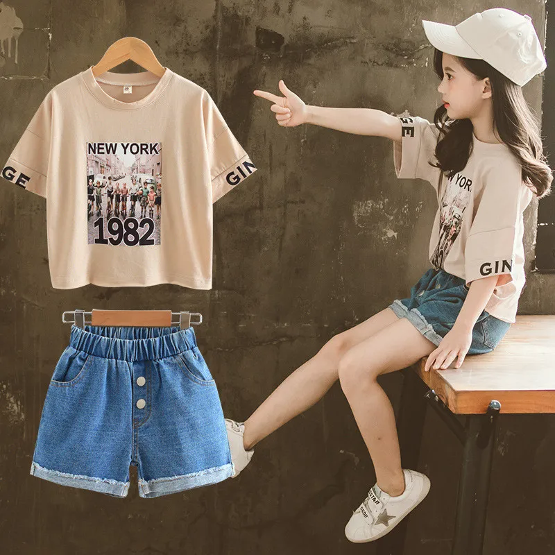 

Fashion Girls Leisure 2Pcs Sets Print Cotton T-Shirt Tops+Denim Shorts Kids Girl Suits Outfits Children Set Kids Clothing