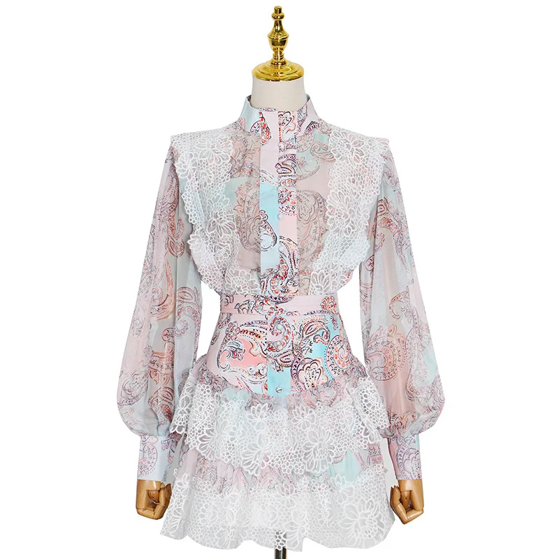 

Palace summer skirt set chiffon lace stitching lantern sleeve top A lace half skirt