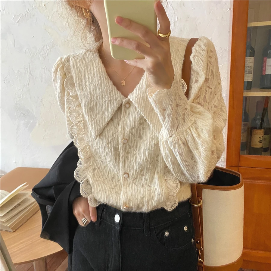 

Alien Kitty Hot Sweet Apricot Lace Elegance Blouse Women Chic Female 2021 New Shirts French All Match Office Lady Gentle Tops