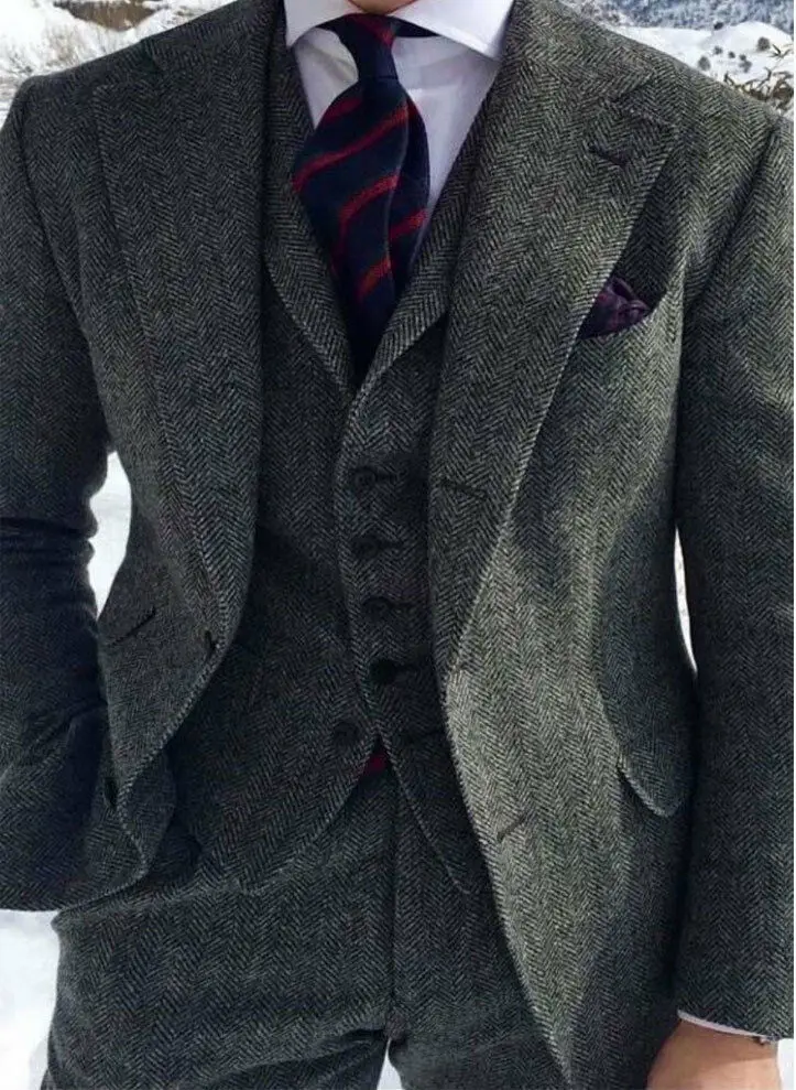 

Men's Grey Herringbone Wool Suits 3 Piece Tweed Blend Vintage Peaky Blinder