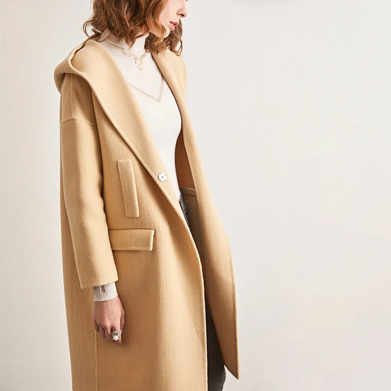 

Женское двустороннее кашемировое пальто Camel, свободное шерстяное пальто средней длины с капюшоном, сезон осень-зима 2021