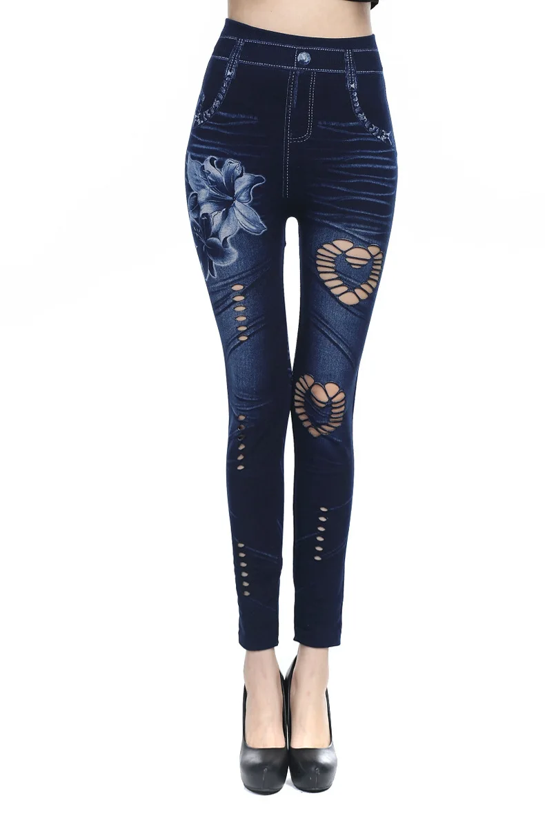 

Women Leggings High Waist Elastic Imitation Jeans Hollow Stretchable Slim Jeans Pencil Pants KALENMOS Trouser Autumn Plus Size