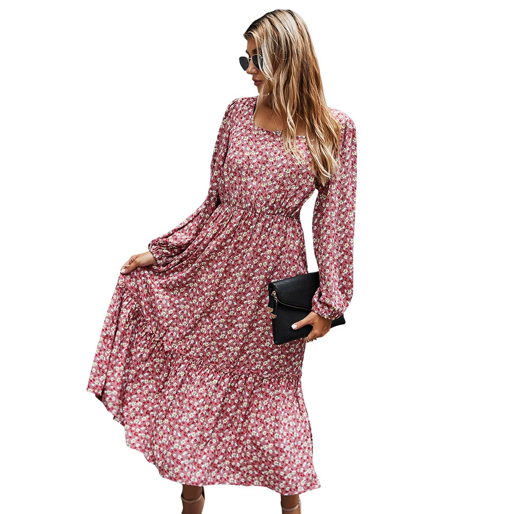

Autumn new product retro floral square neck dress long dress women