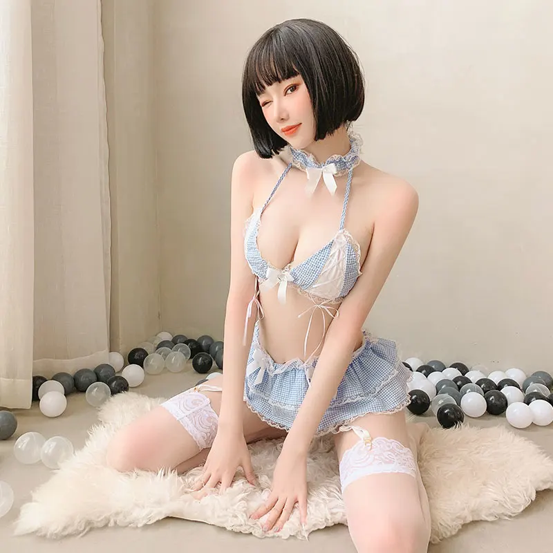 

French Sweet Halloween Costumes For Women Sexy Maid Outfit Micro Mini Bra Skirt Lace Sleep Wear Role Play Anime Cosplay Lingerie