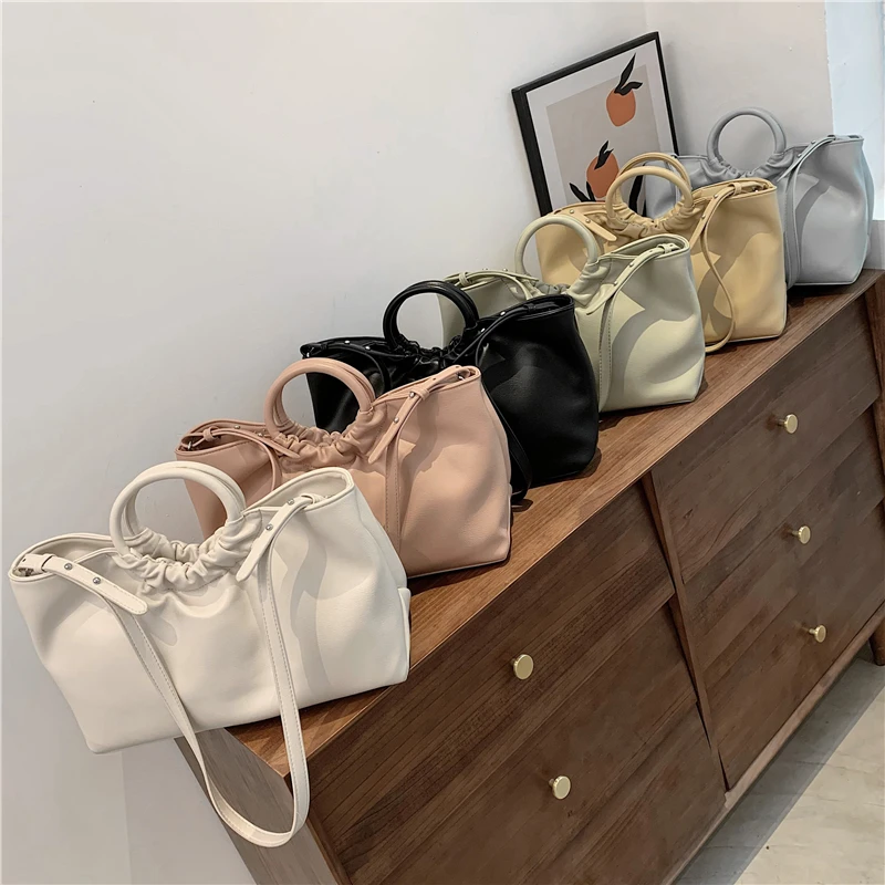 

Fashion Ring Handle Ruched Large Tote Bags For Women Simple Soft Female Shoulder Bags PU Leather Work Ladies Handbags New 2021