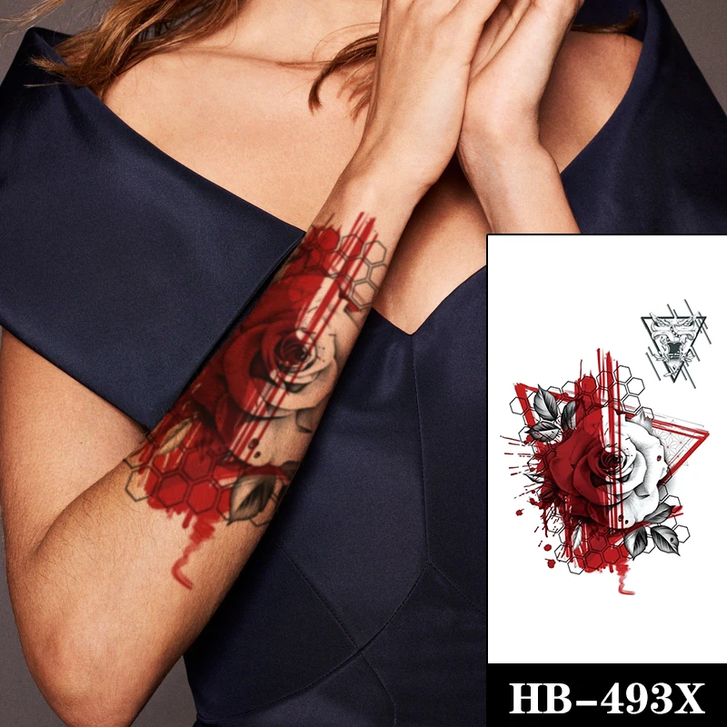 

Geometry Red Triangle Rose Waterproof Temporary Tattoo for Women Men Fake Tatoo Sticker Black Line Flower Body Art Arm Tattoos