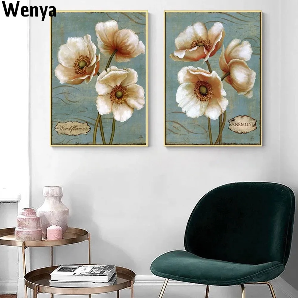 

European Retro White Flowers Canvas Painting Vintage Plant Wall Art Oil Pictures Living Room Sofa Background Decoration Posters