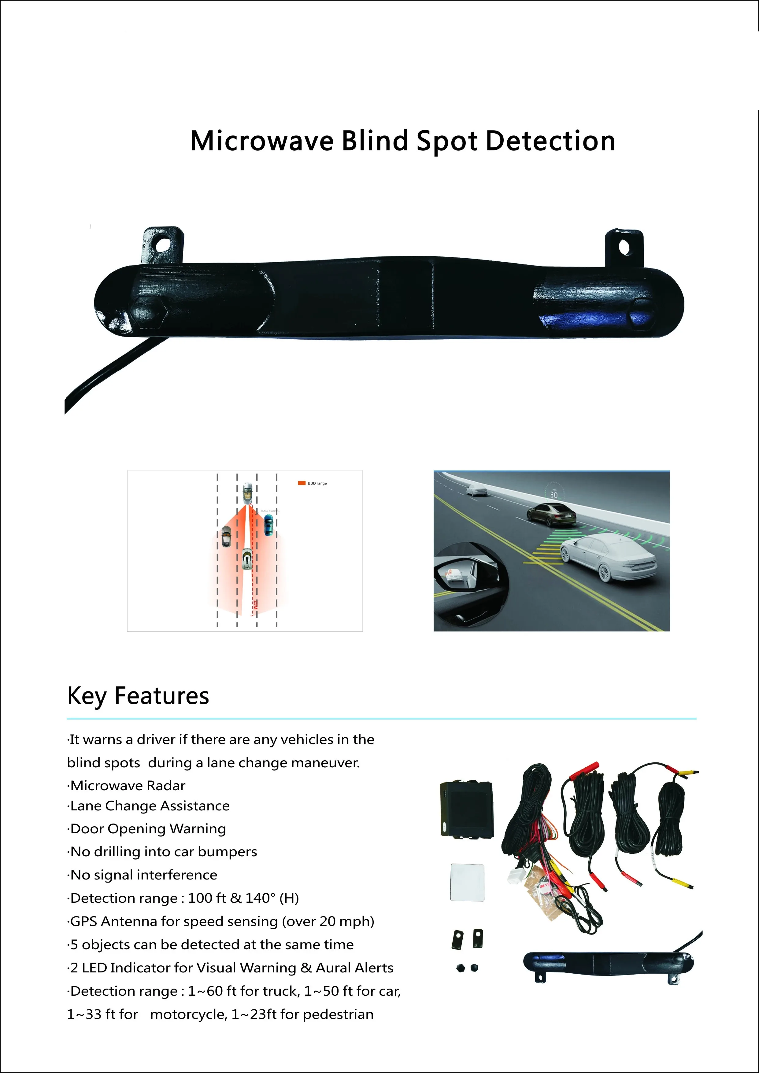 Car Blind Spot Mirror Radar Detection System Frame wide view led camera Microwave Monitoring GPS alert Car lane  change Security