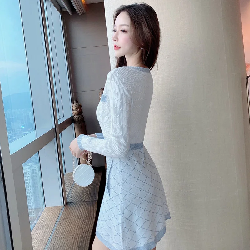 

2020 New Autumn Sweater Knit Dress Women One-Piece Winter Knitted Dress Woman Elegant Korean Short Midi Sweater Dresses Lady