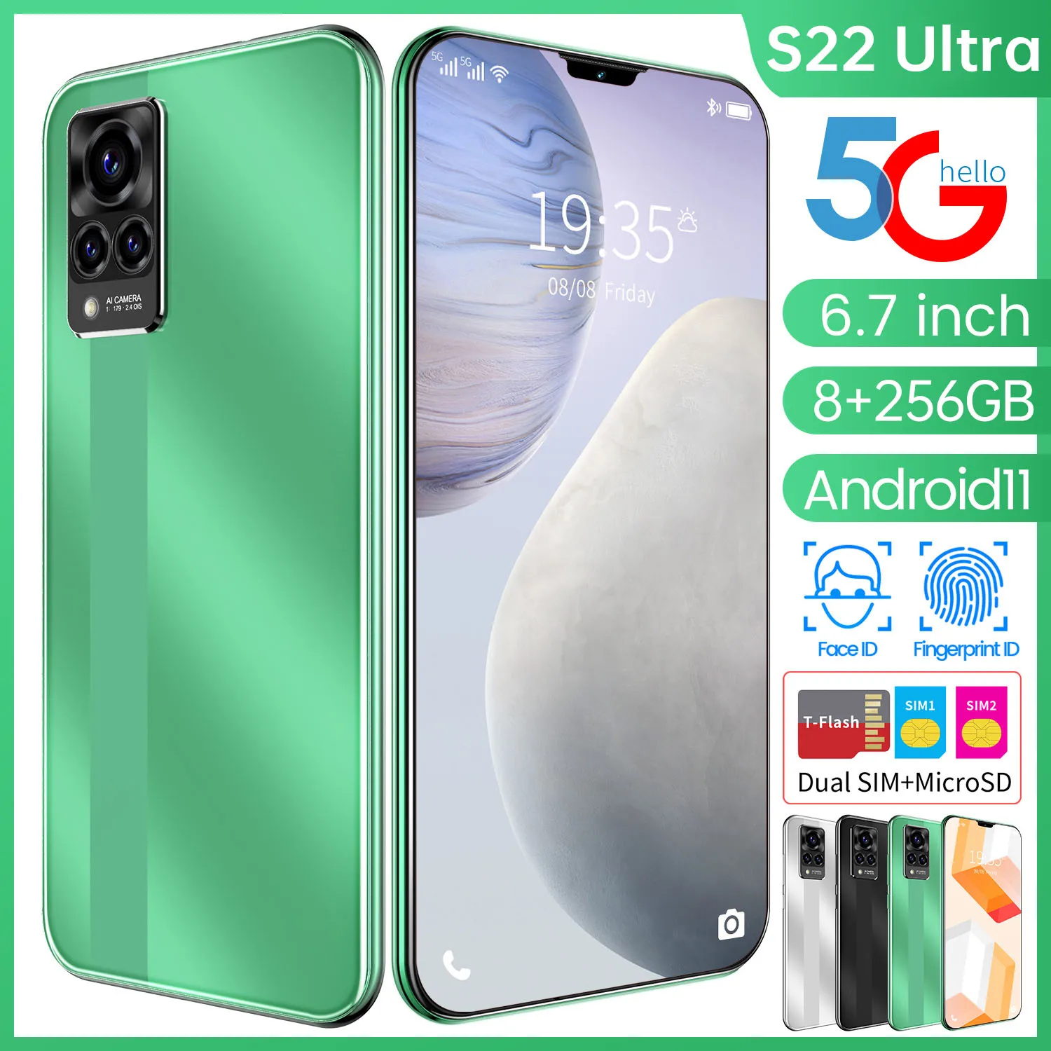 

S22 Ultra 6.7 Inch 128/256GB Dual SIm+Micro SD 6000mAh Andriod 11 5G Smart Phone Global10 Core 32+64MP Mobile Phone MTK6889+