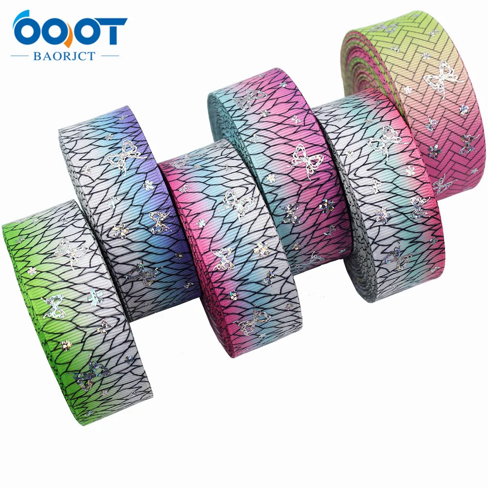 Цвет градиент лазерный Бабочка Grosgrain ленты 1 дюйм (25 мм) шириной 10 метров для