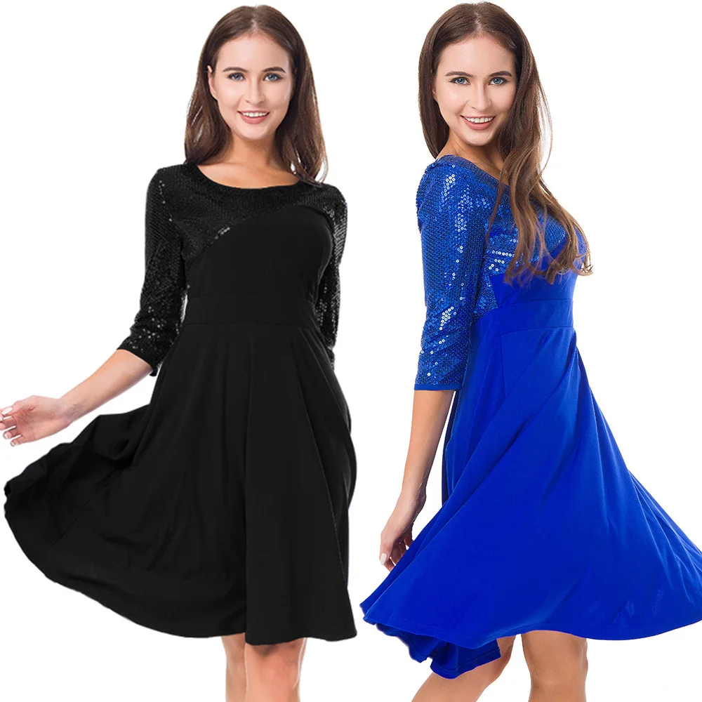 

Осеннее популярное платье большого размера в европейском и американском стиле, расшитое блестками вечернее однотонное расширяемое платье,...